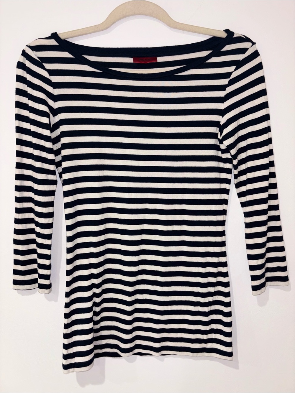 Hugo Boss Women's Navy and White Striped Boatneck Top